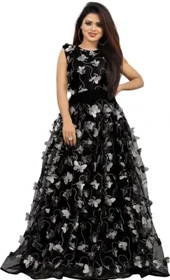 Self Design, Embellished, Embroidered Satin Blend, Net Semi Stitched Flared/A-line Gown