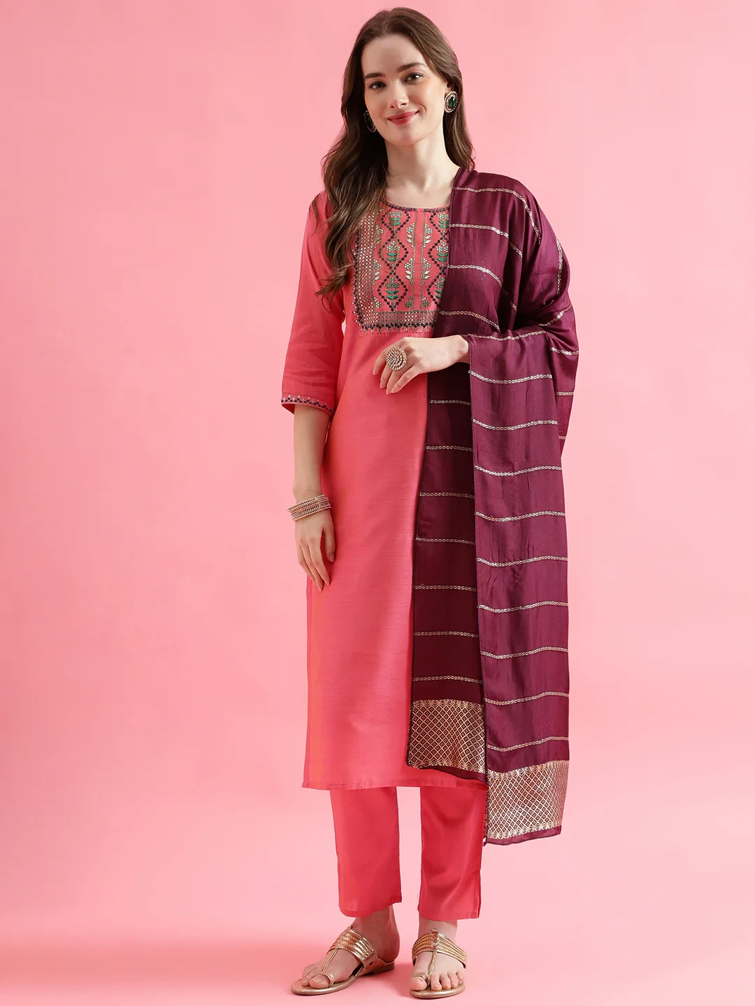 VredeVogel Women's Cotton Silk Blend Straight Kurta with Trouser Pant & Banarasi Silk Dupatta
